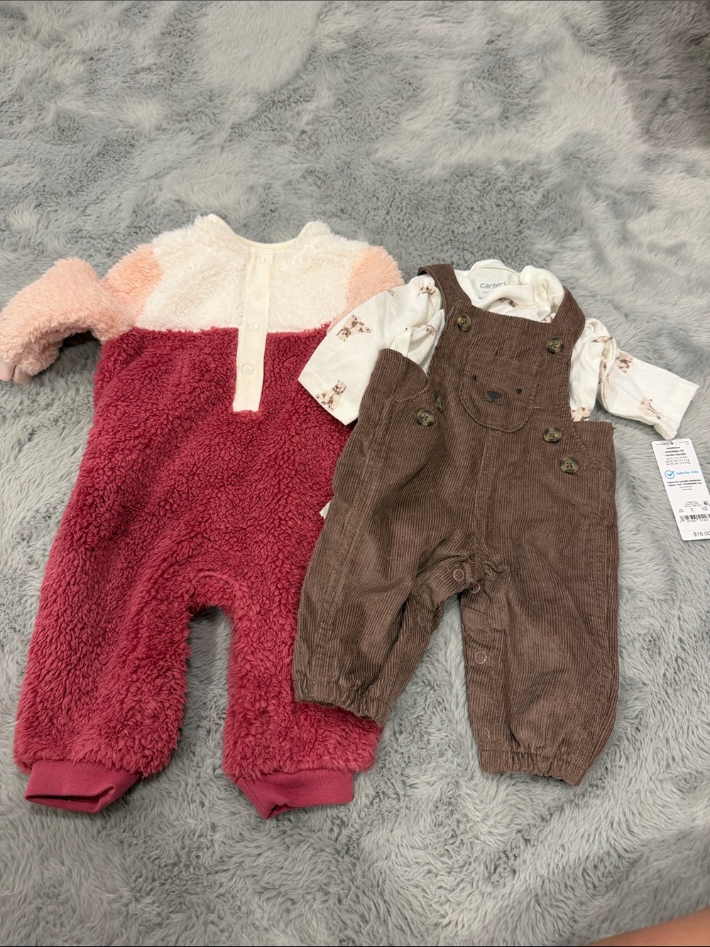 Cat & Jack Sherpa Romper and carters Brown Corduroy Bear Overalls Set-newborn